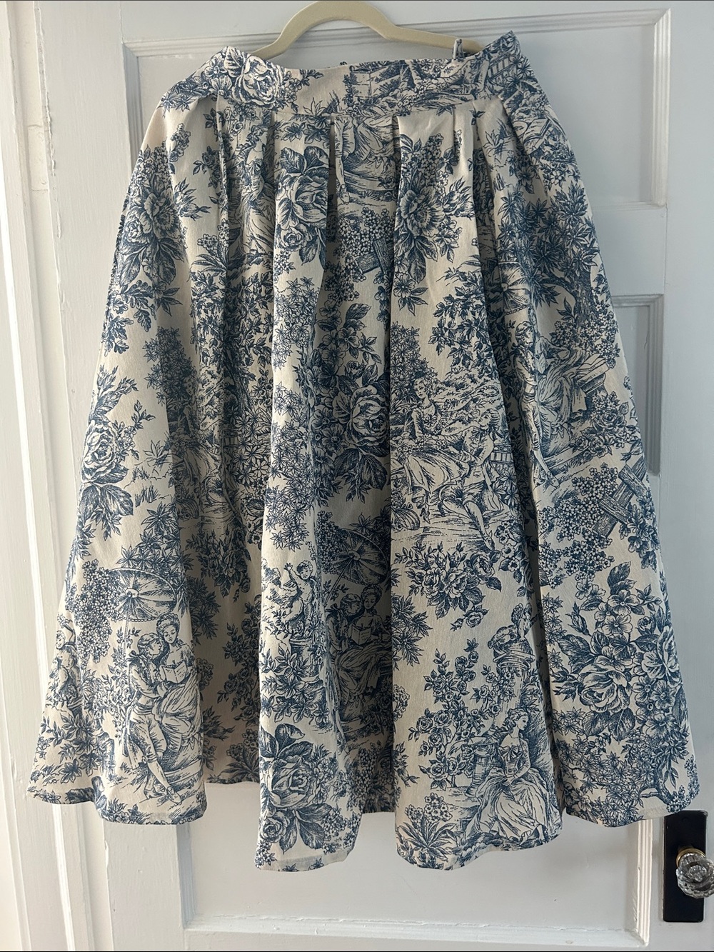 Blue and Cream Toile A-Line Maxi Skirt with Pockets